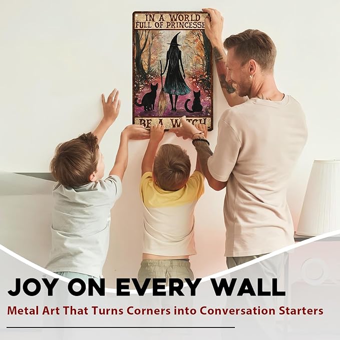 Halloween Witch Girl And Black Cat Vintage Sign In A World Full Of Princesses Be A Witch Halloween Metal Tin Sign for Home Bar Kitchen Hotel Dining Room Coffee 8x12inch