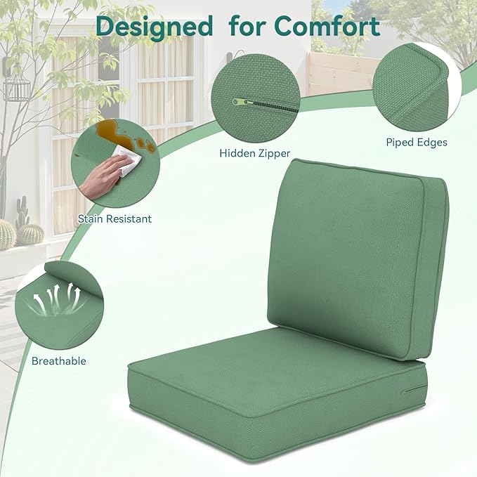 Outdoor Chair Cushions 23" x 24" x 4", Patio Deep Seat Replacement Cushions Set with Zippered Removable Cover, Weather-Resistant Olefin Fabric for Garden Chair Sofa Couch, Set of 3, Green