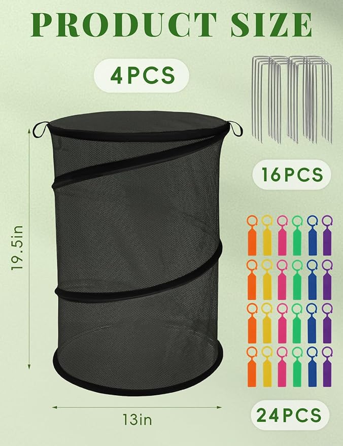 4 Pack Pop Up Plant Covers from Animals, 20" H X 13" D Insect Garden Covers, Round Foldable Mesh Plant Cover, Plant Protectors for Outdoor Plants, with Stakes and Labels (Black)