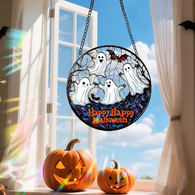 Halloween Sun Catcher - 8 Inch Round Suncatcher for Window Hanging Decoration - Creates Indoor Rainbows Light Refraction - Spooky Ghost, Witch, Pumpkin Design - Suction Cup Hook & Chain