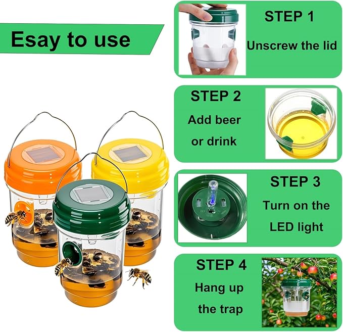 3 Pack Wasp Traps Outdoor Hanging, Solar Bee Trap for Outside with LED Light, Wasp Repellent, Bee Killer, Hornet Deterrent, Yellow Jacket Catcher, Reusable for Garden, Orchard, Indoor