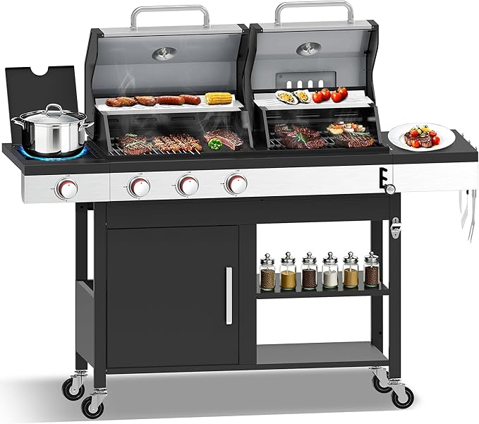 CIG GARDEN 3 Burner Propane Gas and Charcoal Grill Combo with Side Burner,Dual Fuel BBQ Grill with Cast Iron Griddle,41,500 BTU Output Perfect for Outdoor Cooking, Balcony, Backyard,Camping