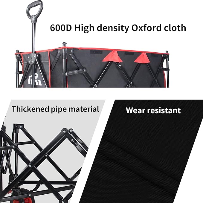 TMZ Collapsible Wagon 445L Heavy Duty Foldable Cart with All-Terrain Wheels, Canopy & Brakes - Extra Large Utility Wagon for Beach, Outdoor, Garden, Camping Portable Foldable Design (Black/Red)