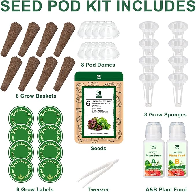 Lettuce Seed Pod Kit Included Romaine, Bibb Lettuce, Boston Lettuce, Red&Green Leaf, Grow Anything Seed Starter Pod Kit for Hydroponics Growing System with Plant Food and Accessories (8-Pod)