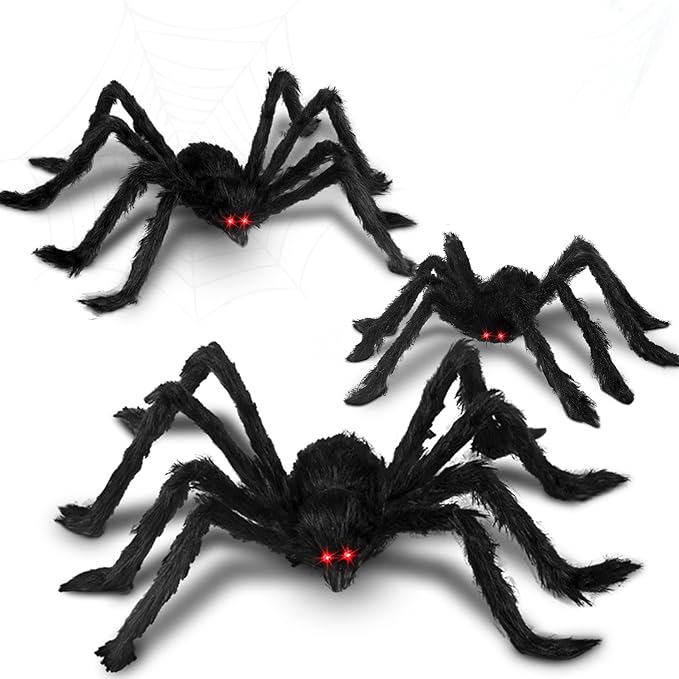 Halloween Giant Spider Decorations: 35/49/79 Inches Large Fake Scary Hairy - 3PCS Huge Plush Toy Props for Indoor Outdoor Creepy Lawn Garden Decor Black