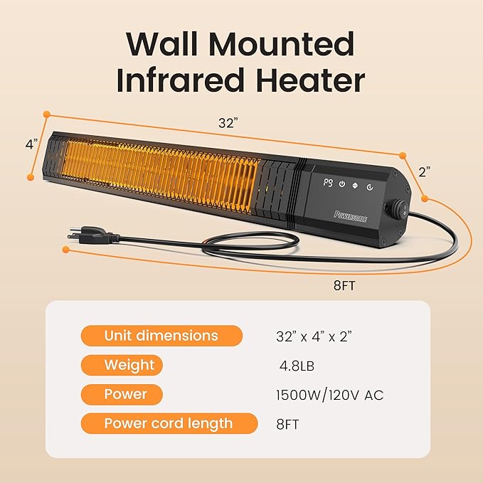 Infrared Heater 24H Timer Outdoor Heater, IP65, Memory Function Infrared Electric Patio Heater, 9 Levels Heating Touchscreen With Remote Electric heater, Restaurant Backyard, 1500W, Black