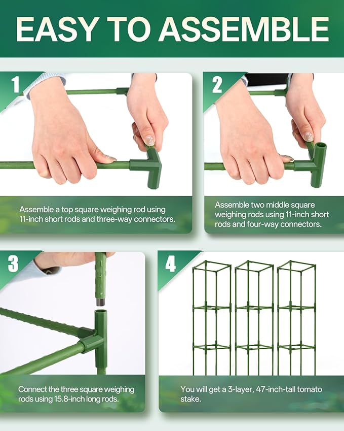 Breeze Touch 3 Pack Square Tomato Cages, Up to 47 Inch Adjustable Tomato Trellis for Garden & Pots, Garden Trellis for Climbing Plants Outdoor, Plant Trellis for Climbing Vegetables, Flowers, Beans