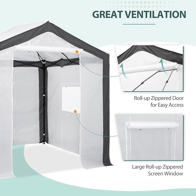 EAGLE PEAK Replacement Cover for 8x6 Portable Pop up Greenhouse with Polyester Reinforced Corners, Front Roll-Up Zipper Entry Door and 3 Large Roll-Up Side Windows (Frame Not Included), Gray/White