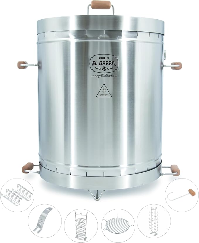 EL BARRIL 60lbs Grill & Smoker Barrel, Stainless Steel Charcoal Smoker Grill – Portable Outdoor Smokers with Even Heat Distribution & Grilling Accessories