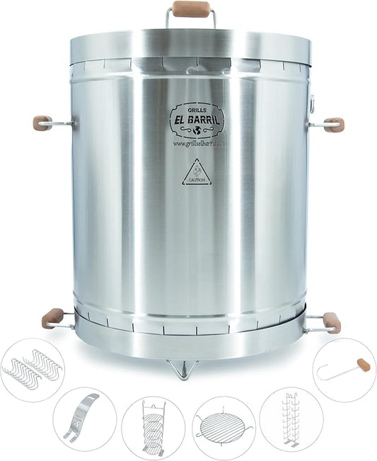 EL BARRIL 60lbs Grill & Smoker Barrel, Stainless Steel Charcoal Smoker Grill – Portable Outdoor Smokers with Even Heat Distribution & Grilling Accessories