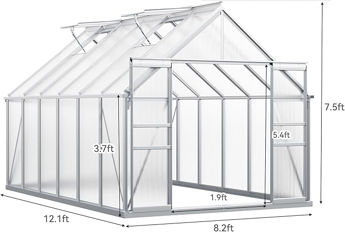 YITAHOME 12x8FT Polycarbonate Greenhouse Large Heavy Duty Green Houses Outdoor Aluminum Greenhouses with Sliding Doors Vent Window Walk-in Greenhouse for Garden Backyard, Silver