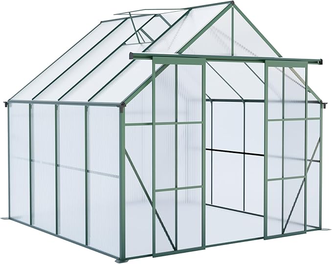 KEIKI 8x8 FT Double Door Polycarbonate Greenhouse with Aluminum Frame,Raised Base and Roof Vent,Walk-in Greenhouses for Patio Garden Backyard
