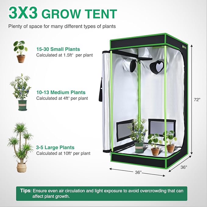 Yesker 3x3 Grow Tent 36"x36"x72" High Reflective Mylar Indoor Growing Tents 600D Oxford Cloth with Observation Window and Removable Floor Tray for Hydroponics Indoor Plants Fruit Flower Veg Growing