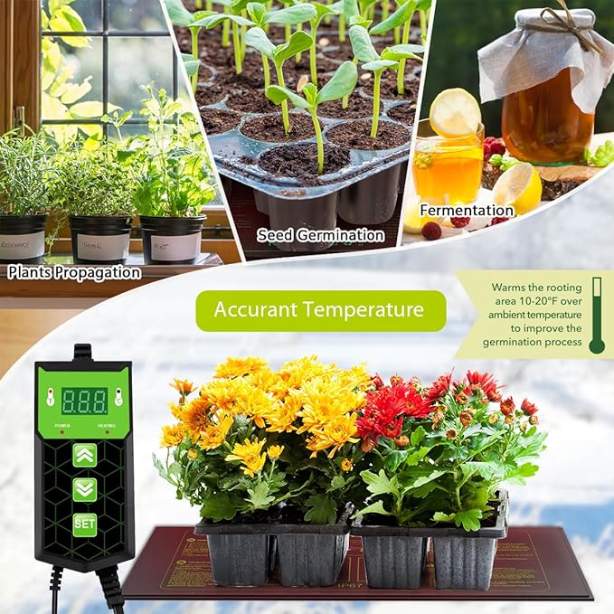 Seedling Heat Mat 10X20.75`` with Thermostat Durable Waterproof Warm Hydroponic Plant Heating Pad Temperature Controller Auto Off Timer for Seed Starting Germination Plant Propagation (2 Heat Pad)