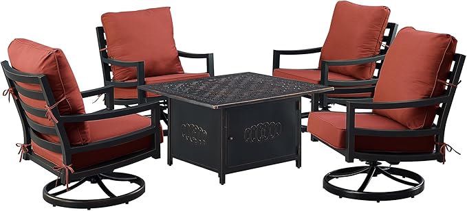 Oakland Living Black Aluminum Patio Fire Table Set with Four Club Chairs with Red Cushions