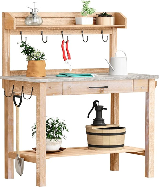 Outdoor Potting Bench Table with Metal Tabletop, Planting Table Potting Work Station with Storage Drawer and Removable Shelf Rack, Garden Potting Table for Outdoors