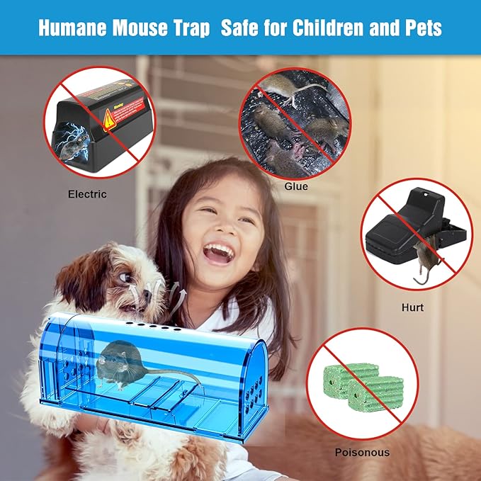 4 Pack Humane Mouse Traps No Kill, Catch and Release Live Mouse Trap Indoor for Home, Reusable Mice Trap Cage with Cleaning Brush(Blue)