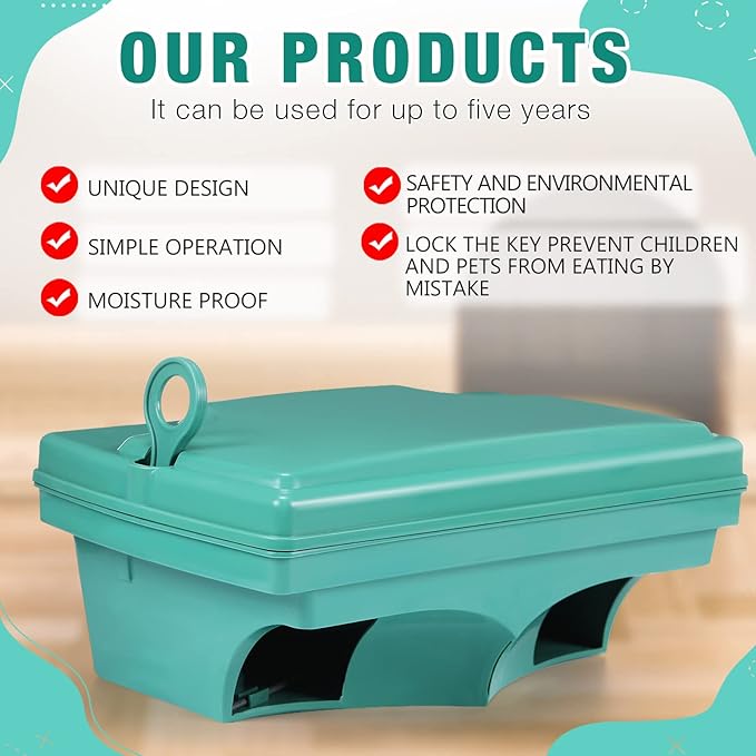 Qualirey 6 Pack Rat Bait Stations with 6 Keys Reusable Heavy Duty for Rodents Outdoor Mouse Poison Holder Large Station Traps for Mice Pests, Bait Not Included(Green)