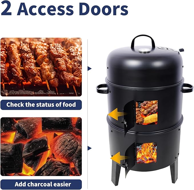 16 inch Vertical Charcoal Smoker, BBQ Grill, Fire Pit, 3-in-1 with Built-in Thermometer, Adjustable Air Vent, Idea for Parties, Backyard, Patio, Camping