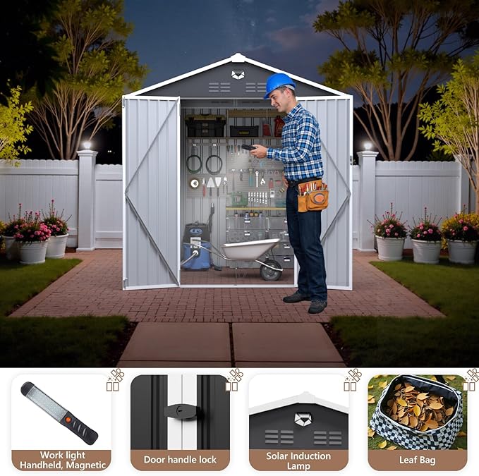 8X6 FT Outdoor Storage Shed, Metal Garden Shed - Tool Storage Sheds with Lockable Doors, Waterproof Outside Storage Building for Backyard, Patio (Black; Floor Not Included)