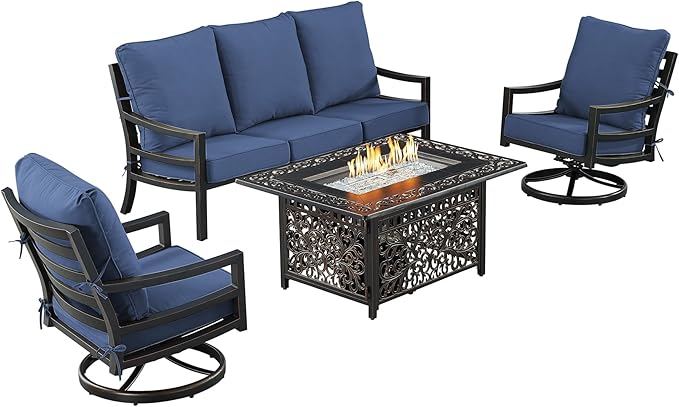 Oakland Living Black Aluminum Patio Fire Table Set with Deep Seating Sofa with Cushions and Two Club Chairs with Blue Cushions