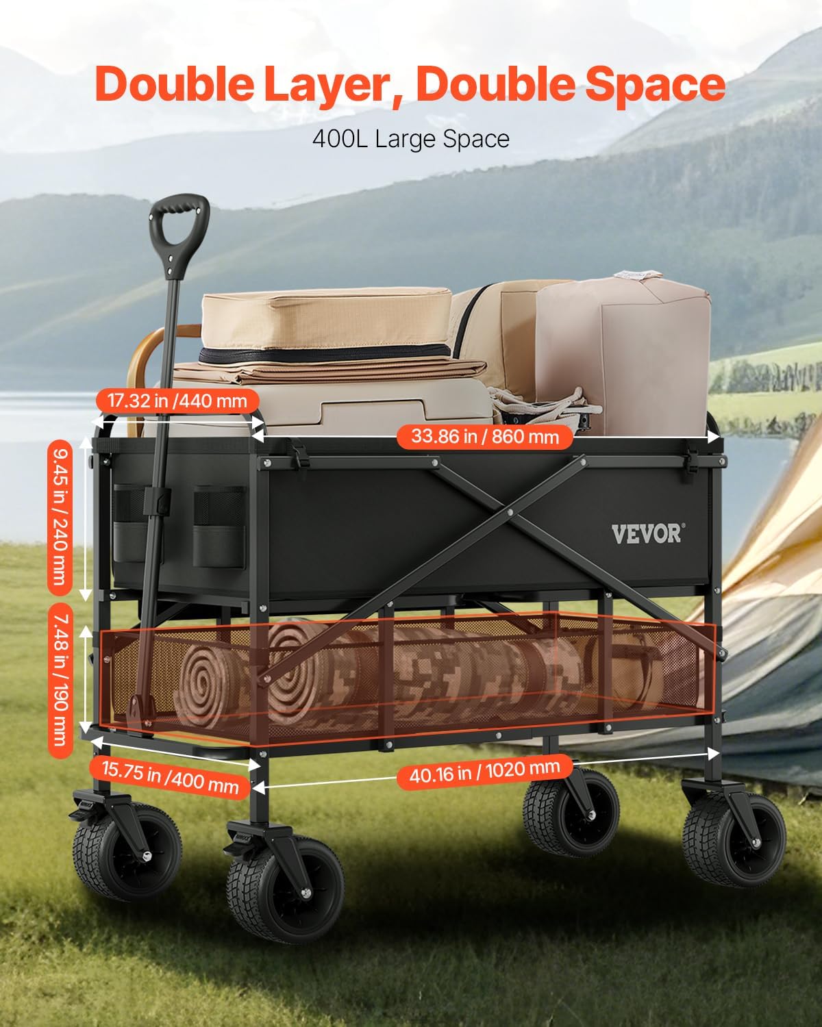 VEVOR 400L/450lbs Large Collapsible Double Decker Wagon, Foldable Heavy Duty Beach Wagon Cart with Big Wheels for Sand, Folding Utility Sports Cart for Camping Garden