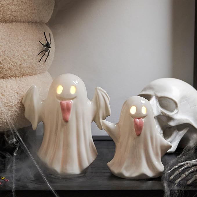 WDS WONDROUS Halloween Decor Ghost Figurines Light Up – White Set of 2 Ghost Figurines with Pink Tongue –Cute Halloween Ceramic Ghost Statues Decorations for Table Indoor(5.51x6.29”and 4.72x5.11”)