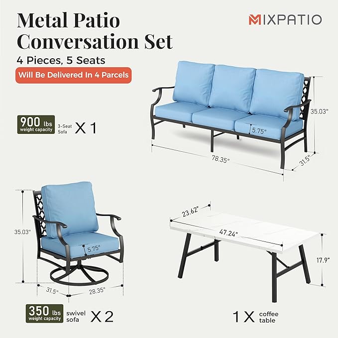 Patio Furniture Set 4 pcs, Metal Outdoor Patio Furniture, 3-Seat Sofa, 2 Swivel Chairs, Coffee Table and 5.75" Extra Thick Cushion, Patio Conversation Set for Garden Backyard Deck,Blue