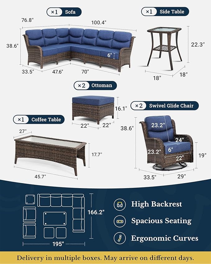 HILLGA Luxury Patio Furniture Set with 6-inch Thick Cushion, Outdoor Sectional Sofa and High Back Swivel Rocker Patio Chairs, 7PCS Wicker Conversation Set for Deck Yard and Pool, Blue (V2)
