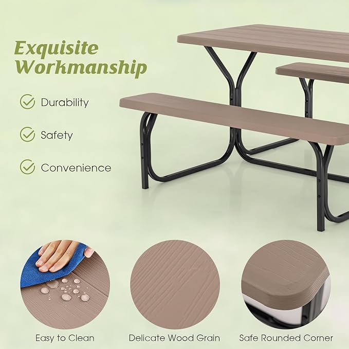 Moccha Picnic Table Bench Set, Portable Plastic Picnic Table w/Steel Frame & Wood-Like Texture, All Weather Heavy Duty Picnic Table Kit, Picnic Tables for Outdoors Garden Patio Dining (Light Brown)