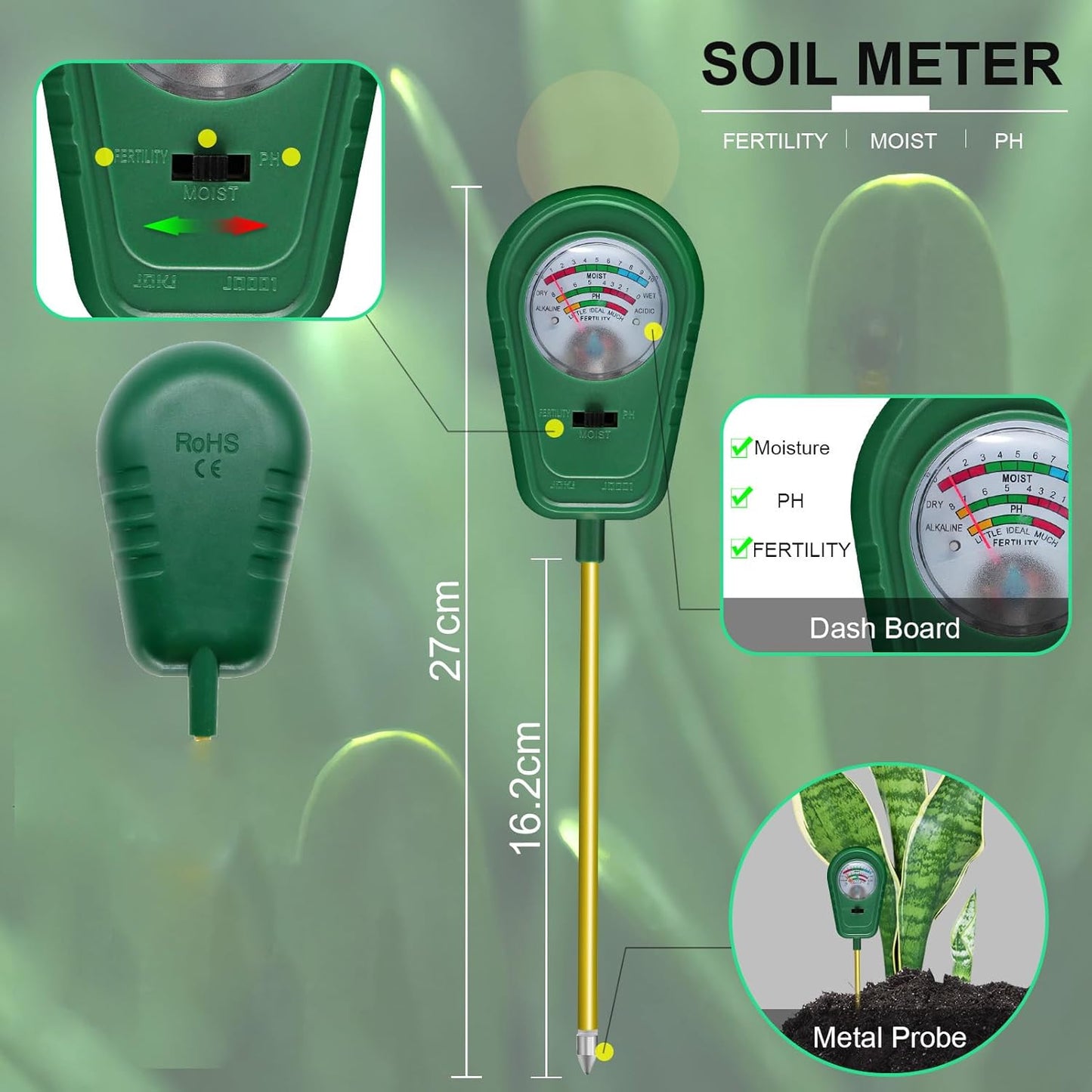 3-in-1 Soil Test Kit, Soil Moisture Meter/Soil ph Meter/Fertility Soil Tester, Soil Hygrometer for Garden, Farm, Plant, Outdoor, Indoor, Lawn Care Moisture Meter for Hous Plants (No Battery Needed)