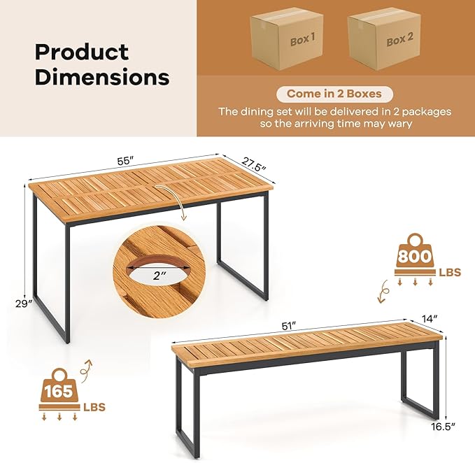 Tangkula 3 Pieces Outdoor Dining Set for 6 People, 55 inch Rectangle Patio Table & 2 Benches with Acacia Wood Tabletop, Metal Frame & Umbrella Hole, Dining Furniture for Yard, Garden, Poolside