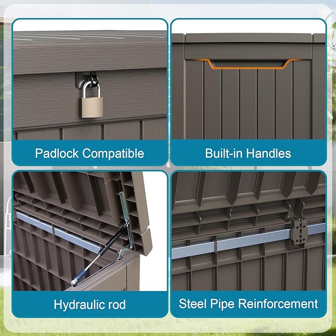 230 Gallon Resin Deck Box, Lockable Patio Outdoor Storage Box for Furniture, Garden Tools and Tools Storage, Waterproof Outside Storage Boxes - Grey