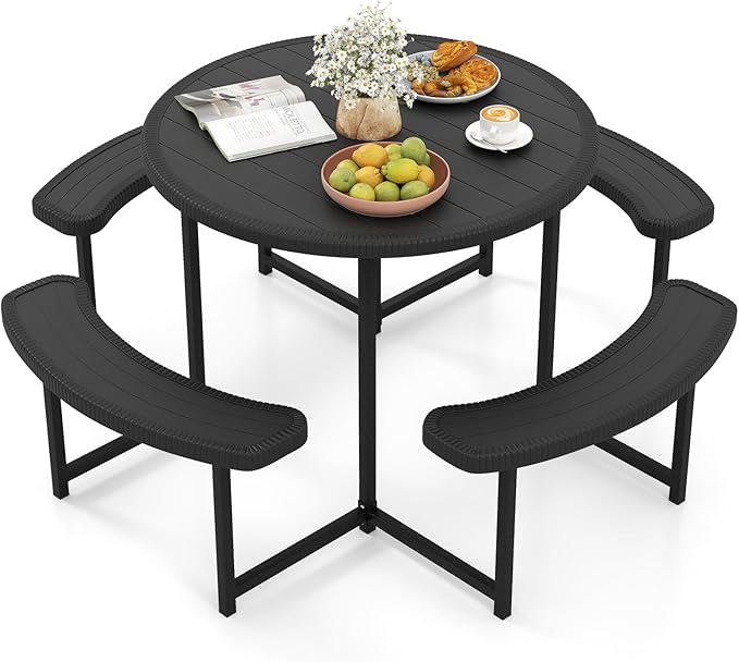 Tangkula 8 Person Picnic Table, HDPE Outdoor Round Table and Bench Set with 4 Built-in Benches, Umbrella Hole, Metal Frame for Garden Yard Patio Lawn