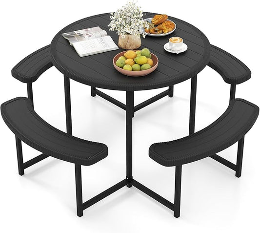 Tangkula 8 Person Picnic Table, HDPE Outdoor Round Table and Bench Set with 4 Built-in Benches, Umbrella Hole, Metal Frame for Garden Yard Patio Lawn