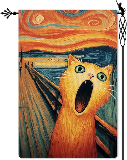 Screaming Orange Cat Garden Flag The Scream Halloween Garden Flag Vertical Double Sided Rustic Farmland Burlap Yard Lawn Outdoor Decor 12.5x18"