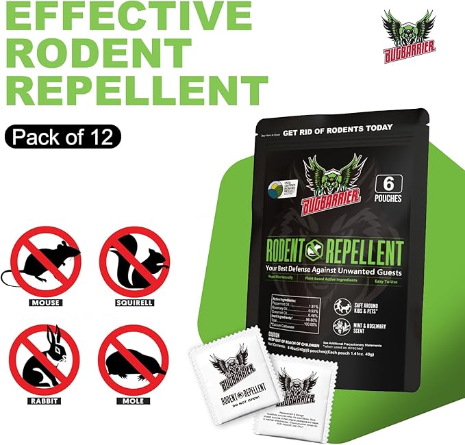 BugBarrier's Extra-Strength Mouse Repellent Deterrent Pouches, USDA 99% Biobased, Peppermint & Rosemary Oils Repel Mice Nesting in Car, RV, Boat, Garage, Shed, Cabin Made in The USA (Pack of 12)