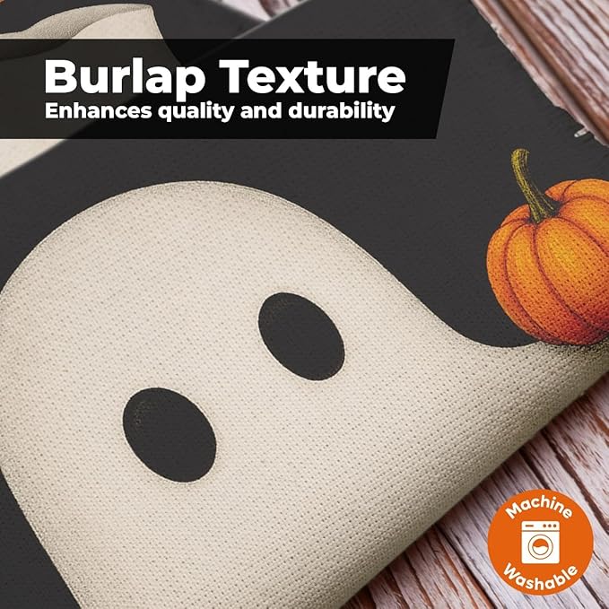 Welcome Halloween Garden Flag 12x18 – Double Sided Burlap Yard Flag for Outside with Ghost & Pumpkin – Weatherproof Fall Outdoor Decor