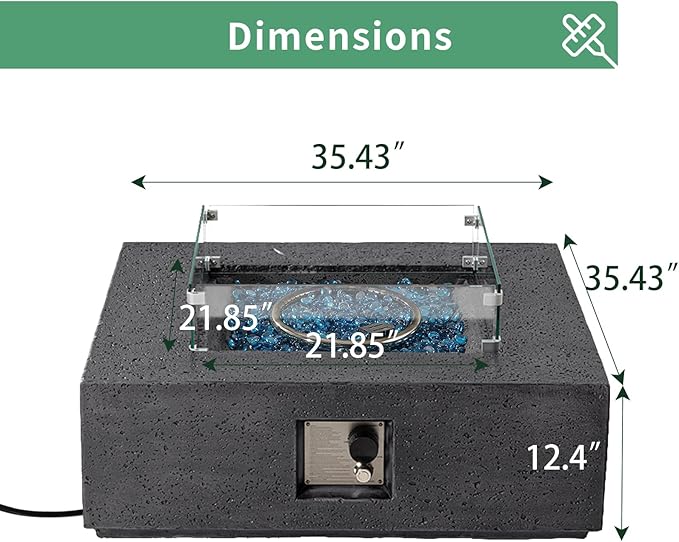 SUNBURY Outdoor Propane Burning Fire Pit, 35 inch Square Patio Fire Table 50,000 BTU Fire Pit for Outside with Waterproof Cover and Glass Stones, Light Gray