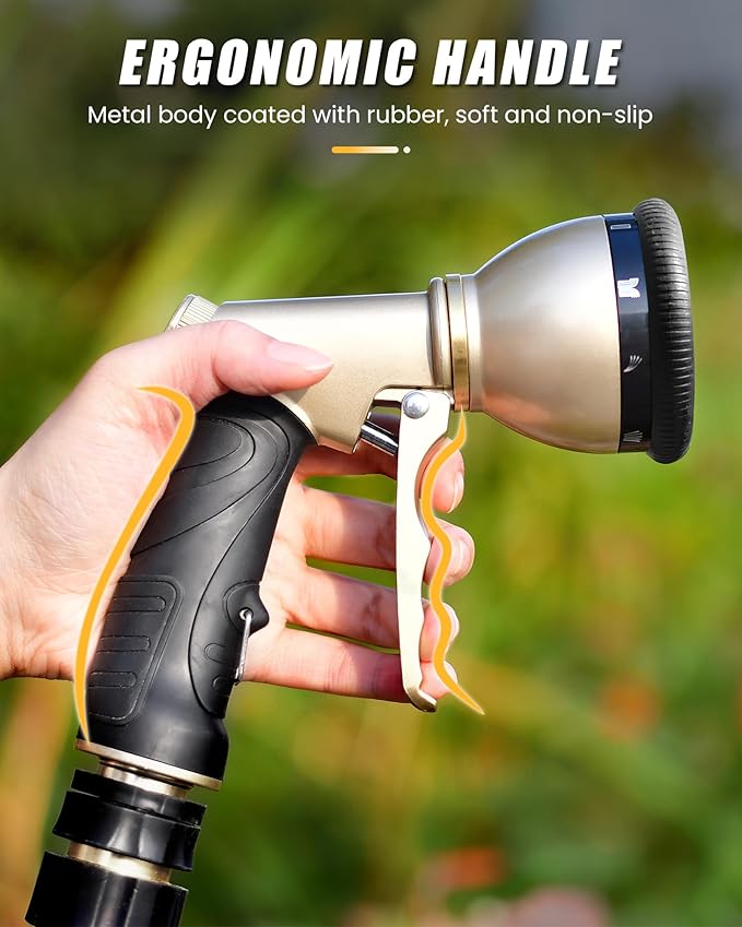 RAINPOINT Garden Hose Nozzle, Heavy Duty Metal Water Hose Sprayer Nozzle with 9 Adjustable Spray Patterns, High Pressure Hand Sprayer for Watering Plants & Lawns(Black)
