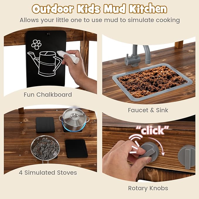 HONEY JOY Mud Kitchen with Canopy, Fir Wood Play Kitchen for Toddlers, Garden Sink, Stoves, Chalkboard, Storage Cabinet, Flowerpot, Outside Kitchen Playset, Mud Kitchen for Kids Outdoor Backyard