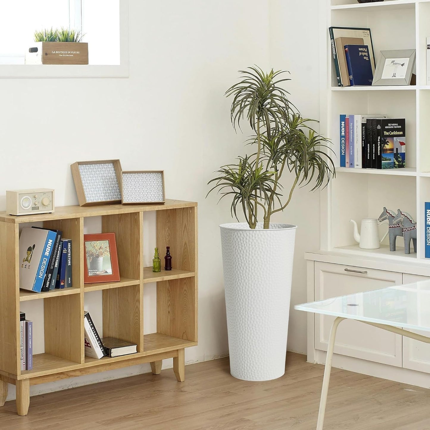 Worth Garden 2-Pack 28" H. Metal Planter with 2X Inside Pots - Hand-Hammered Texture Tall Cone Plant Pots - Large Handcrafted Flower Pot for Indoor Outdoor, Deck, Patio, Front Porch - White