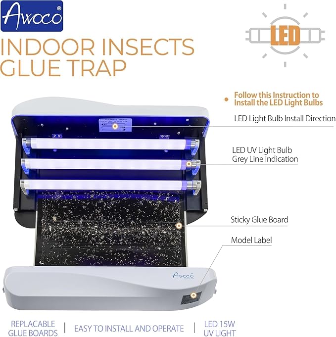 Awoco LED 15W 100V-240V Wall Mount Sticky Fly Trap Lamp XL 78” Extra Long Power Cord with 3 LED UV Lights for Capturing Flies, Mosquitoes, Moths and Flying Insects (Fly Trap XL + 6 Glue Boards)