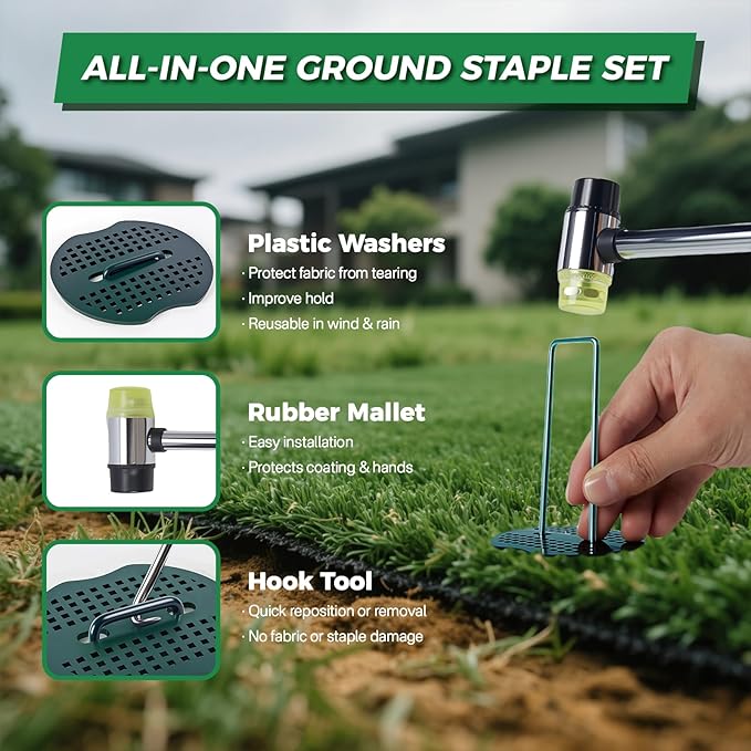 100pcs Green Landscape Stakes Staples 6 Inch +100pcs Gaskets+Hook Tool+Rubber Mallet, Heavy Duty Coated Landscape Staples, Galvanized Lawn Spikes Yard Ground Pin for Sod Artificial Grass Weed Barrier