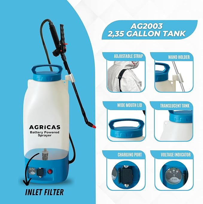 Battery Powered Sprayer 2.35 Gallon, Electric Garden Sprayer for Weed/Pest Control, 6 Nozzles, 50 PSI Pressure, Telescopic Wand, Shoulder Strap, Long-Lasting 12V Battery