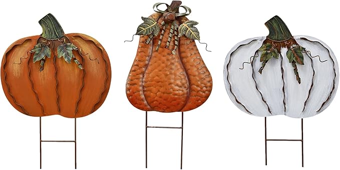 Morning View Pumpkin Garden Stakes Metal Yard Sign Fall Decor Outdoor Autumn Yard Stake Art Pumpkin Lawn Ornaments for Patio Porch Thanksgiving Halloween Harvest 17.5 Inches Tall Set of 3