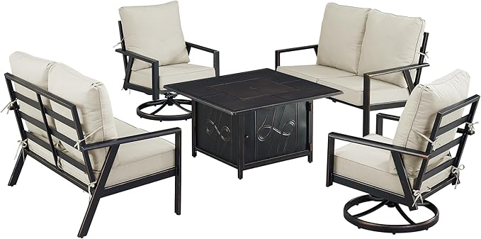 Oakland Living Black Aluminum Patio Fire Table Set with Two Deep Seating Loveseat with Cushions and Two Club Chairs with Light Grey Cushions