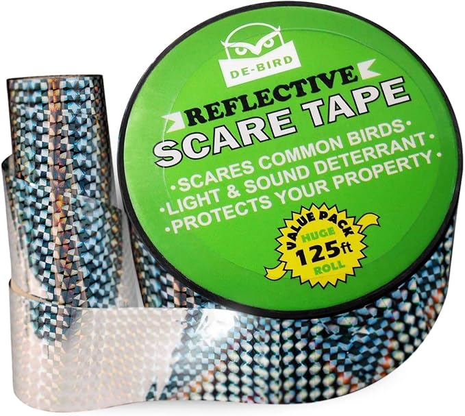 De-Bird Scare Tape - 125 Ft Roll, Holographic, Garden Style - Reflective Tape for Birds - Pigeon & Goose Control, Balcony & Patio Nest Deterrent