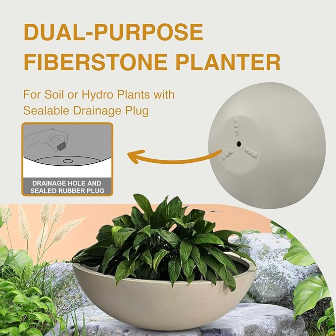 7.7" H x 22" D Round Bowl Fiberstone Planter for Succulent and Lotus, Drainage Hole, Weather Resistant for Indoor and Outdoor Use, Included 2 Extra Coco Mats (Taupe, 19.9" Pot Opening)