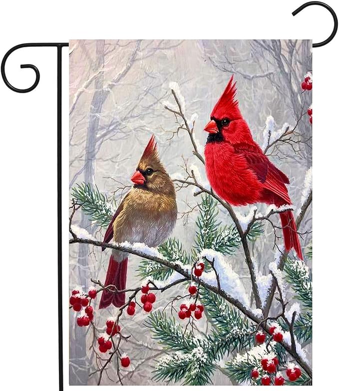 Winter Cardinal Bird Garden Flags Christmas Banners for Outside 12x18 Double Sided Red Birds on Tree Branch Flag Welcome New Year Yard Flag Farmhouse Outdoor Decor